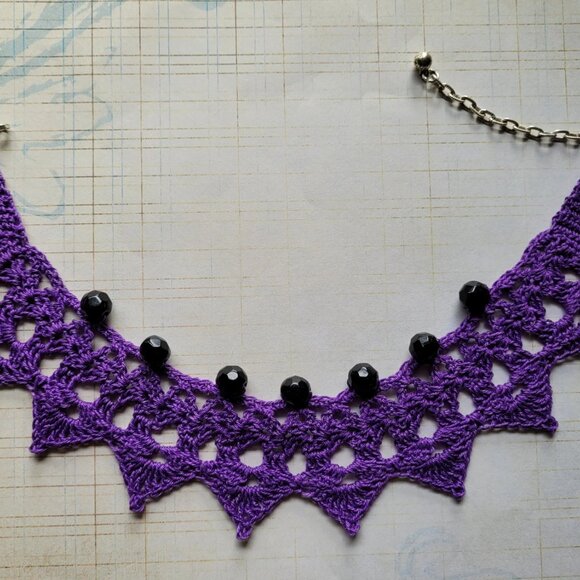 Repurposed Vintage Jewelry on Hand Crafted Crochet Boho / Goth Choker Necklace - Picture 3 of 5